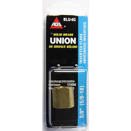 Ags Brass Brake Line Union, 3/8 (5/8-18 Inverted), 1/card BLU-6C